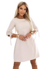 195-12 ALICE A-Line Mini Dress with Bow and Tie Sleeves - Beige-7