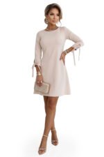 195-12 ALICE A-Line Mini Dress with Bow and Tie Sleeves - Beige-9