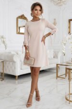 195-12 ALICE A-Line Mini Dress with Bow and Tie Sleeves - Beige-5
