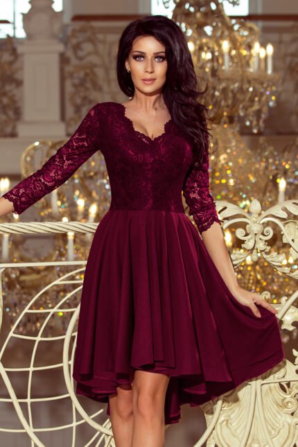 210-13 NICOLLE - dress with longer back with lace neckline - plum-1