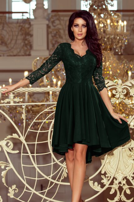 210-3 NICOLLE - dress with longer back with lace neckline - dark green-1