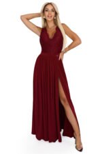 211-8 LEA long dress with a lace neckline and a leg slit - burgundy-8