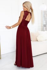 211-8 LEA long dress with a lace neckline and a leg slit - burgundy-2