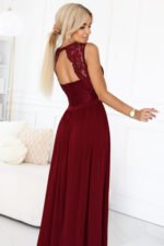 211-8 LEA long dress with a lace neckline and a leg slit - burgundy-4