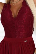 211-8 LEA long dress with a lace neckline and a leg slit - burgundy-7