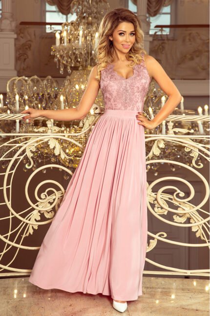 215-5 LEA long sleeveless dress with embroidered cleavage - TAUPE-1