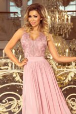 215-5 LEA long sleeveless dress with embroidered cleavage - TAUPE-3