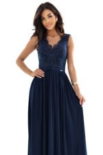 215-6 LEA long elegant maxi dress with lace top and slit on the leg - navy blue-11
