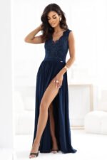 215-6 LEA long elegant maxi dress with lace top and slit on the leg - navy blue-7
