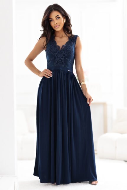 215-6 LEA long elegant maxi dress with lace top and slit on the leg - navy blue-1