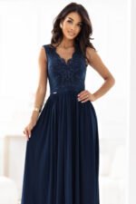 215-6 LEA long elegant maxi dress with lace top and slit on the leg - navy blue-4