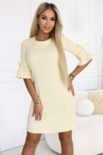 217-12 NEVA Feminine Trapeze Dress with Sleeve Ties - Pastel Yellow-2