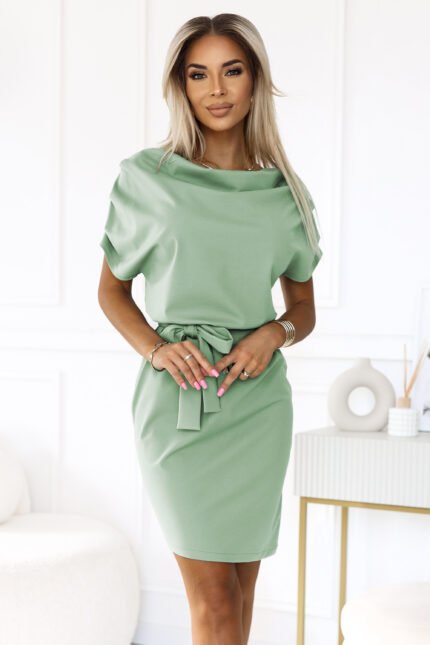 240-10 ROXI comfortable dress with an asymmetric skirt and belt - pistachio-1