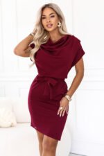 240-11 ROXI Comfortable dress with an asymmetric skirt and belt - burgundy-4