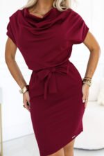 240-11 ROXI Comfortable dress with an asymmetric skirt and belt - burgundy-5
