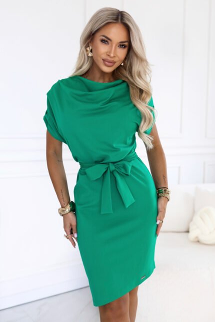 240-12 ROXI Comfortable dress with an asymmetric skirt and belt - green-1