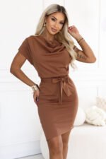 240-13 ROXI Comfortable dress with an asymmetric skirt and belt - chocolate brown-1