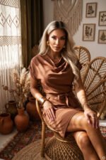 240-13 ROXI Comfortable dress with an asymmetric skirt and belt - chocolate brown-5