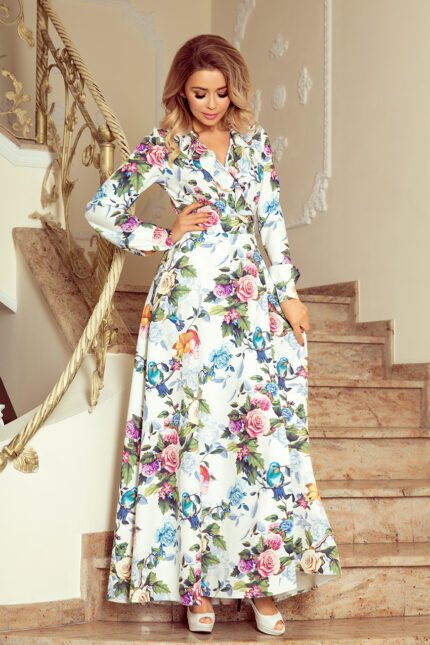 245-1 Long dress with frill and cleavage - colorful roses and blue birds-1