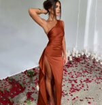 Satin Dress One-shoulder Backless Slit