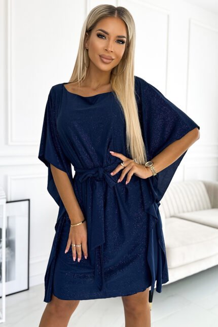 287-25 SOFIA Butterfly dress with a binding at the waist - navy blue with glitter-1