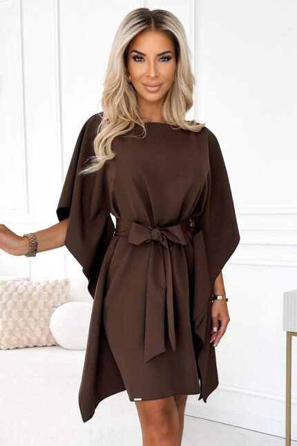 287-33 SOFIA Butterfly dress with a binding at the waist - chocolate color-1