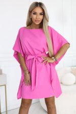 287-42 SOFIA Pink Butterfly Dress with Waist Tie - Light Fuchsia hot pink-1