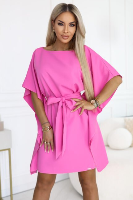 287-42 SOFIA Pink Butterfly Dress with Waist Tie - Light Fuchsia hot pink-1