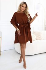287-45 SOFIA Feminine butterfly-style dress with a waist tie - cinnamon brown-4