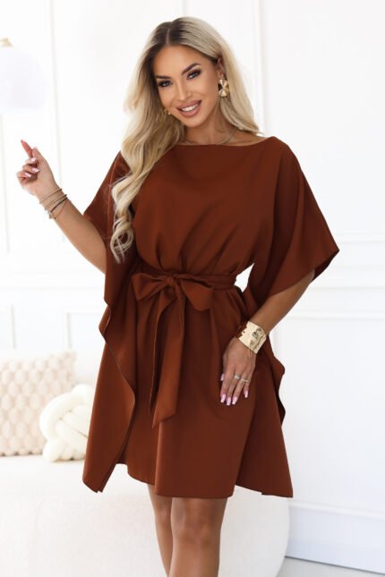 287-45 SOFIA Feminine butterfly-style dress with a waist tie - cinnamon brown-1