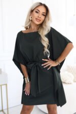 287-46 SOFIA Feminine butterfly-style dress with a waist tie - dark khaki-3