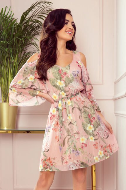292-1 MARINA flimsy dress with a neckline - pink with flowers-1