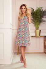 296-1 VICTORIA A trapezoidal dress with a colorful pattern - pink with turquoise-5