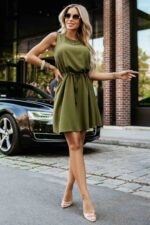 296-14 VICTORIA Sleeveless trapeze dress with a tie waist - khaki-3
