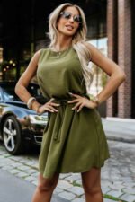 296-14 VICTORIA Sleeveless trapeze dress with a tie waist - khaki-2