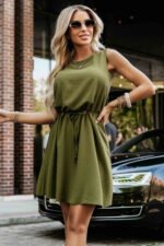 296-14 VICTORIA Sleeveless trapeze dress with a tie waist - khaki-1