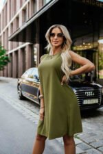 296-14 VICTORIA Sleeveless trapeze dress with a tie waist - khaki-9