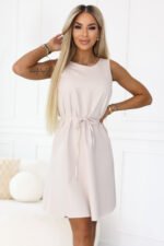296-17 VICTORIA Sleeveless trapeze dress with a belt - beige-6