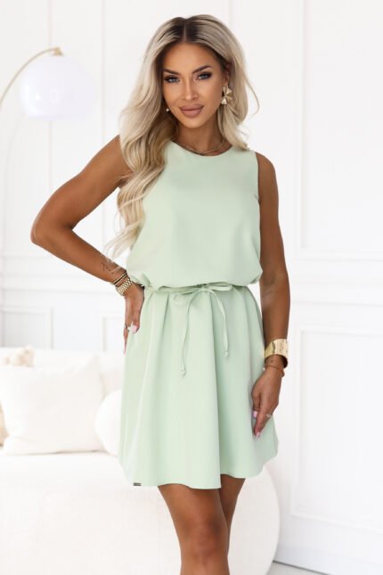 296-18 VICTORIA Trapeze dress without sleeves with a belt - pistachio-1