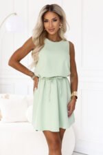 296-18 VICTORIA Trapeze dress without sleeves with a belt - pistachio-1