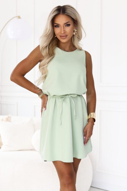 296-18 VICTORIA Trapeze dress without sleeves with a belt - pistachio-1