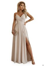 299-20 CHIARA Strappy maxi dress with a wrap neckline and a slit on the leg - champagne beige with glitter-10