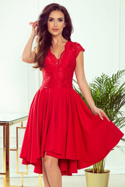 300-2 PATRICIA - dress with longer back with lace neckline - Red-1