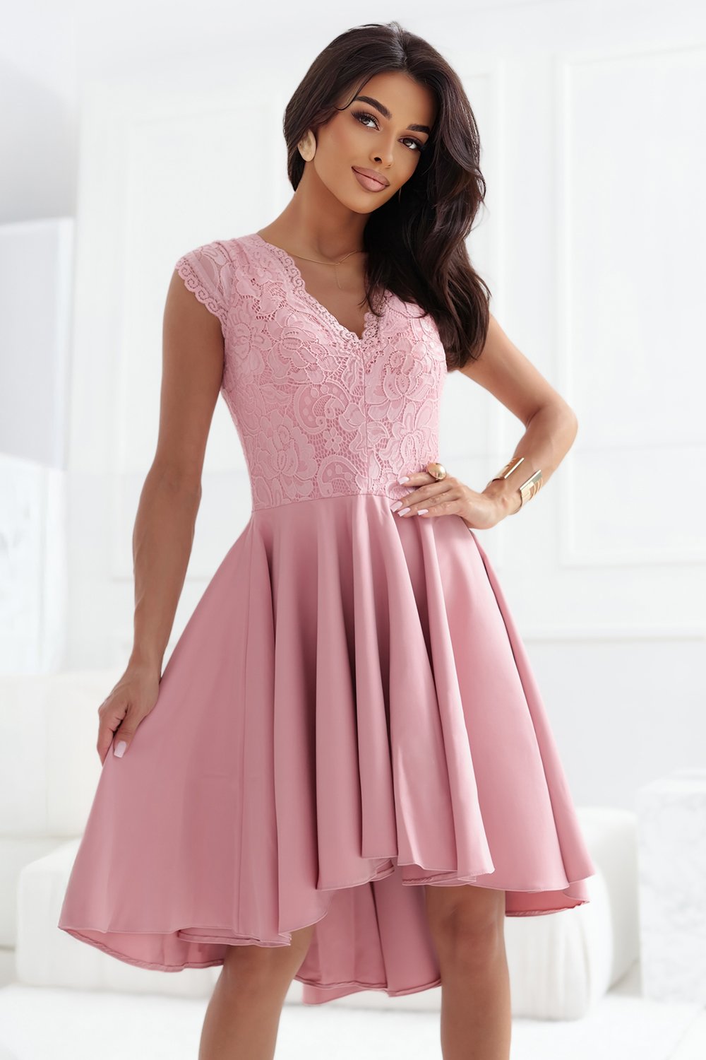 300-7 PATRICIA dress with longer back with lace neckline - powder pink-1 300-7 PATRICIA dress with longer back with lace neckline - powder pink-1