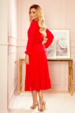304-3 Chiffon midi dress with a neckline and frill - Red-2