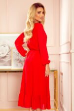 304-3 Chiffon midi dress with a neckline and frill - Red-4