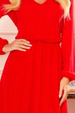 304-3 Chiffon midi dress with a neckline and frill - Red-5