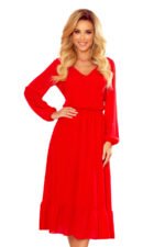 304-3 Chiffon midi dress with a neckline and frill - Red-7