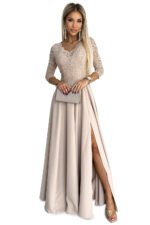 309-10 AMBER lace, elegant long dress with a neckline and leg slit - beige-8