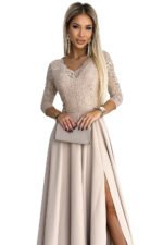 309-10 AMBER lace, elegant long dress with a neckline and leg slit - beige-9